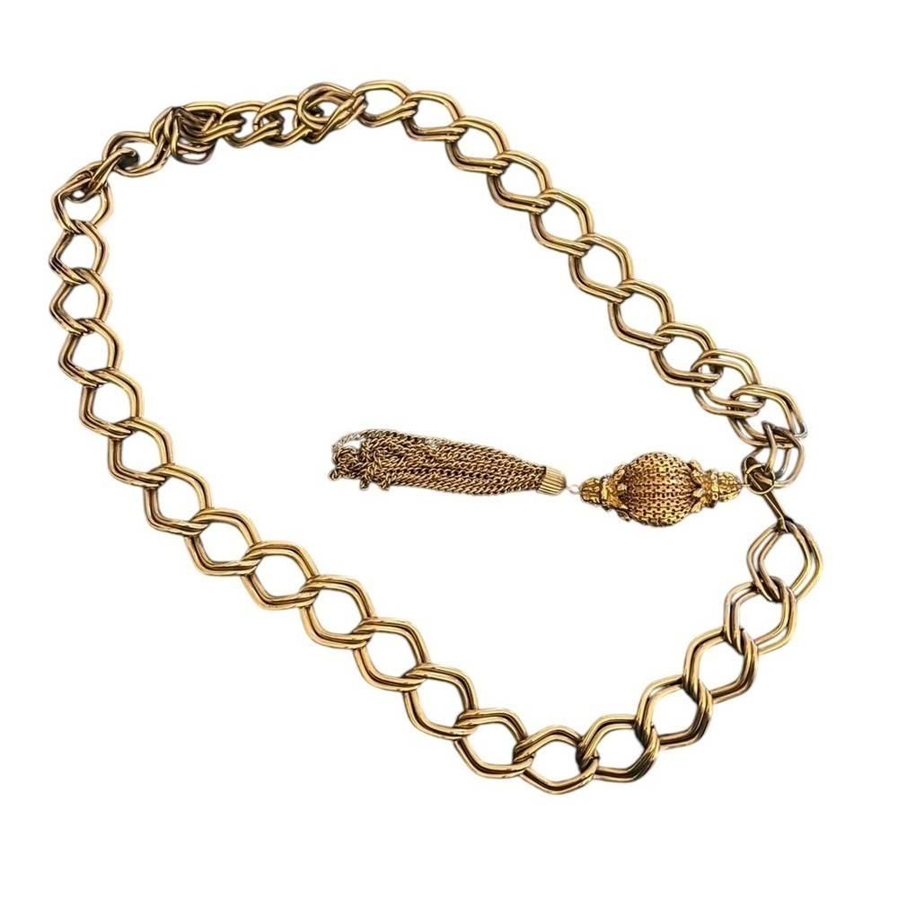 VTG Brass Victorian Double Link Chain Belt Tassel Charm Pendant 35” Charm 6”